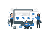 Cartoon of 3 people sitting in front of a laptop online shopping