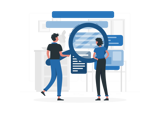 Cartoon of 2 people holding a magnifying glass