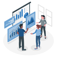 three people looking at graphs