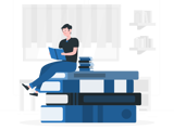 man sitting on books