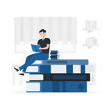 man sitting on books
