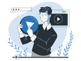 Cartoon person touching a "play" button on a video 