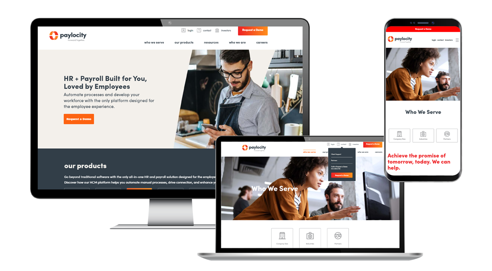 Image showing Paylocity's new website on desktop, laptop and mobile