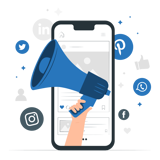 Cartoon of person holding a megaphone over a phone displaying social media logos for Facebook, Twitter, LinkedIn, and Instagram