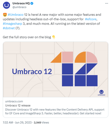 Umbraco 12 release tweet
