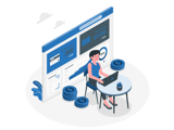 Cartoon depicting a person sitting on a laptop managing sales and revenue, with money surrounding them