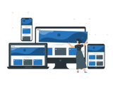 Cartoon woman looking at webpage on different screens