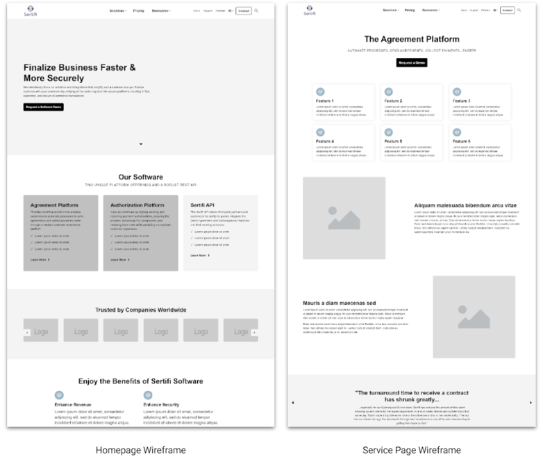 Examples of wireframes for both a homepage and a service page