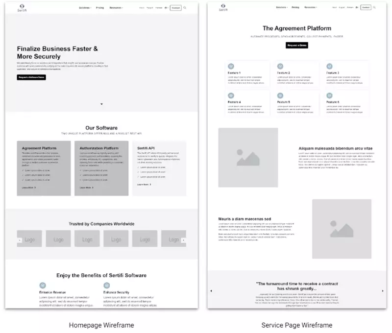 Homepage and Service Page Wireframe Sertifi