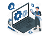 Cartoon of person with wrench standing in front of computer with gears and floating icons