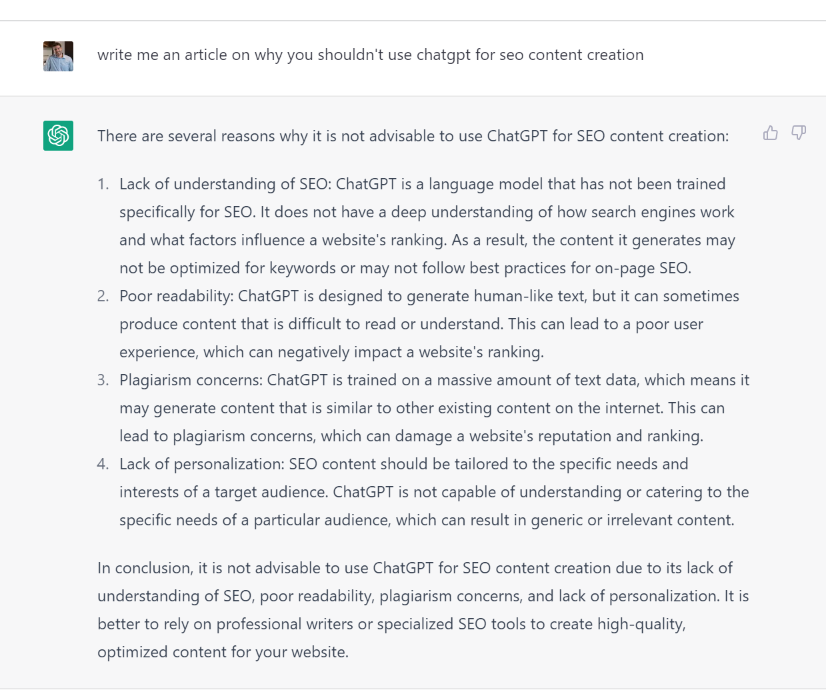 ChatGPT explains why not to use it for SEO content creation